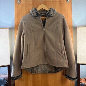 Outback Trading Co. Grey Faux Suede Jacket – Floral Embossed, Faux Fur Lining –